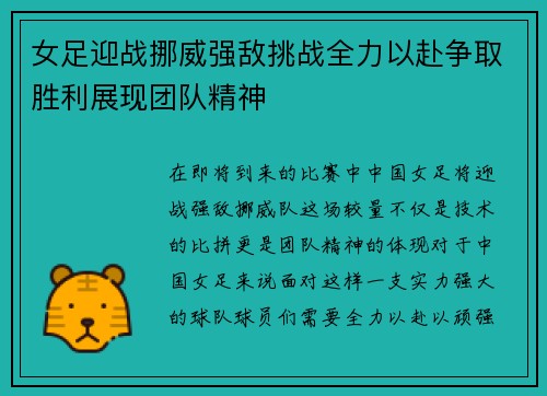女足迎战挪威强敌挑战全力以赴争取胜利展现团队精神